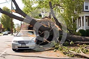 Car under a fallen tree after big storm. Generative AI