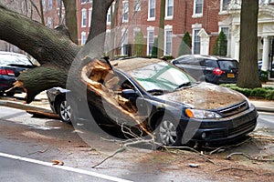 Car under a fallen tree after big storm. Generative AI