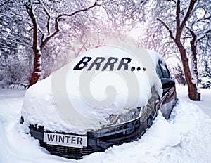 Car under the snow. Inscription on glass stop sign. Inscription on glass photo