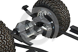 Car underbody chassis, close view