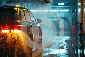 Car undergoing wash in automated carwash at night