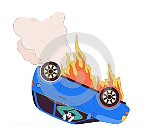 Car upside down on fire line cartoon flat illustration