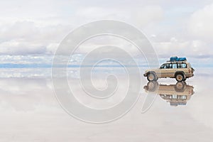 Car on the Uyuni Salar in Bolivia