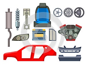 Car vector parts auto repair service vehicle mechanic repair of machines and equipment motocar illustration