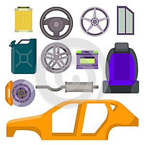 Car vector parts auto repair service vehicle mechanic repair of machines and equipment motocar illustration