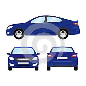 Car vector template on white background. Business sedan isolated. blue sedan flat style. side back front view