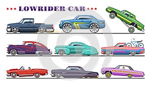 Car vector vintage low rider auto and retro old automobile transport illustration set of classic lowrider muscle vehicle