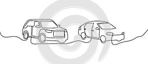 Car, vehicle continuous line drawing set. One line art of automobile, auto, crossover, four-by-four.