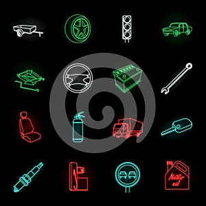 Car, vehicle neon icons in set collection for design. Car and equipment vector symbol stock web illustration.