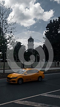 Car vehicle taxi street urban tree architecture clock tower