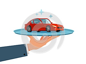 Car, vehicle on tray. Dealership, dealer, transport concept. Cartoon vector illustration