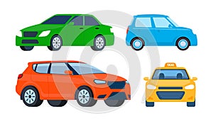 Car vehicles side view. Taxi, mini car, suv. City auto transport icons. Automobile design vector set. City transportation objects