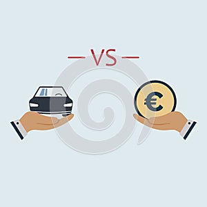 Car vs euro money icon on hand. vector symbol in flat style. buying car concept