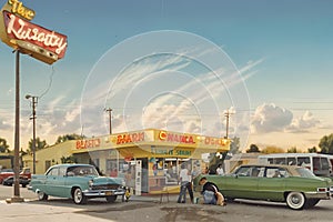 A car wash of 70s in retro and vintage style