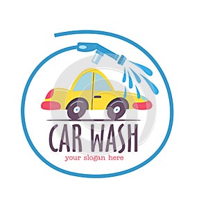 Car wash. Car in cartoon style at the car wash. Emblem