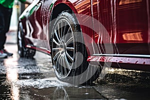 car wash, car wheel in soapy water generative ai