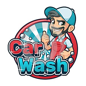 Car Wash Cartoon Logo with Man using Car Wash Apron