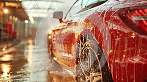 Car wash close-up with red car - generative ai