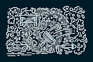 Car wash doodle pattern. Cartoon lines cleaning and cleaning of transport. The pattern for the auto washing service is a