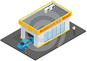 Car wash full automatic 24h service facilities with touchless equipment. Automatic Car Wash. Flat 3d vector isometric