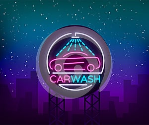 Car wash logo design emblem in neon style illustration. Template, concept, luminous sign on the theme of washing cars