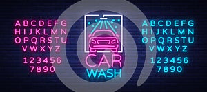 Car wash logo design emblem in neon style vector illustration. Template, concept, luminous sign on the theme of washing