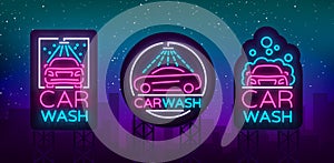 Car wash logo set vector design in neon style vector illustration . Template, concept, luminous signboard icon