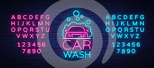 Car wash logo vector design in neon style vector illustration isolated. Template, concept, luminous signboard icon on a