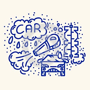 Car wash pattern drawn by doodle. Vector cartoon line cleaning and car cleaning. Pattern for the auto washing service