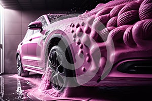 Car wash with pink foam. AI generated