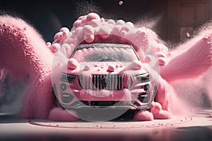 Car wash with pink foam. AI generated