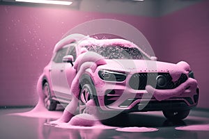 Car wash with pink foam. AI generated