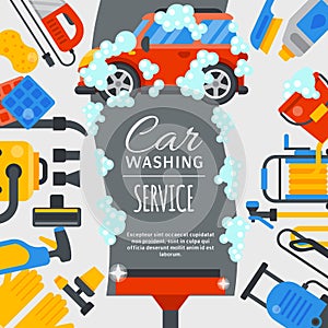 Car wash poster water transport cleaner background vector illustration. Washer car shower washing service auto vehicle