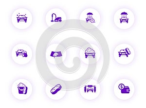 car wash purple color vector icons on light round buttons