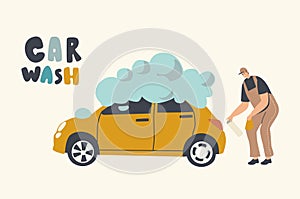 Car Wash Service on Auto Station Concept. Worker Character Wearing Uniform Wiping Out Automobile with Sponge and Spray