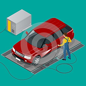 Car wash specialist in uniform washing off-road car. Spraying water from the hose. Flat 3d vector isometric illustration