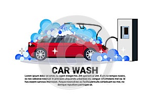 Car Wash Station Banner With Service Cleaning Vehicle Over Copy Space Background