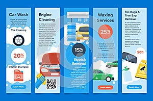 Car washing vertical landing page promo internet banner collection vector illustration