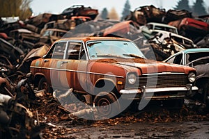 Car waste concept rusting old cars in a junkyard for recycling