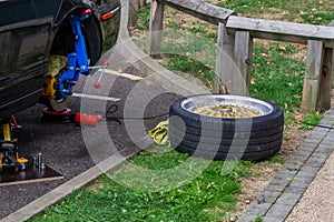 Car wheel arch rolling with reforming tool. Bending the arch to give more space between the inner tub and the inner arch