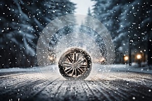 a car wheel on the background of a winter road and a beautiful night landscape, a snow-covered forest with lights, a concept