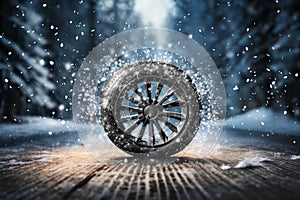 a car wheel on the background of a winter road and a beautiful night landscape, a snow-covered forest with lights, a concept