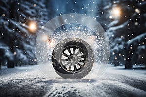 a car wheel on the background of a winter road and a beautiful night landscape, a snow-covered forest with lights, a concept