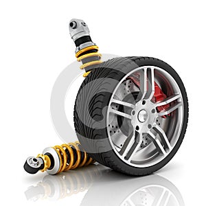 Car wheel with brakes, absorbers, tires and rims