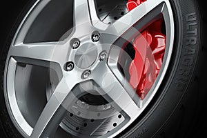 Car wheel brakes closeup