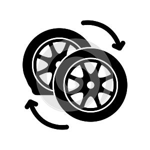 Car wheel changing icon. Flat tire is replaced with a new wheel. Deflated automobile tire. Punctured wheel of car. Tire