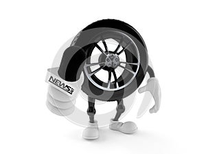 Car wheel character holding interview microphone