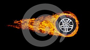 car wheel or circle enveloped in flames isolated on black background.