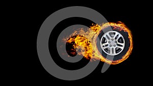 car wheel or circle enveloped in flames isolated on black background.