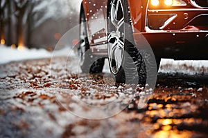 a car wheel close-up on the background of a winter snow-covered road with ice in city street, the concept of traffic safety